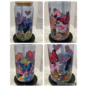 Blue Glass Tumbler w Bamboo Lid Matching Straw. Floral Butterfly Wrap